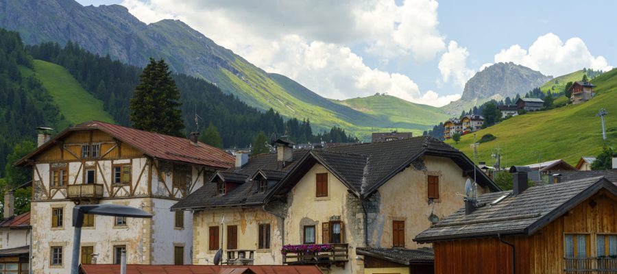 Mountain landscape at summer from the village of Arabba, Dolomites, Belluno province, Veneto, Italy.