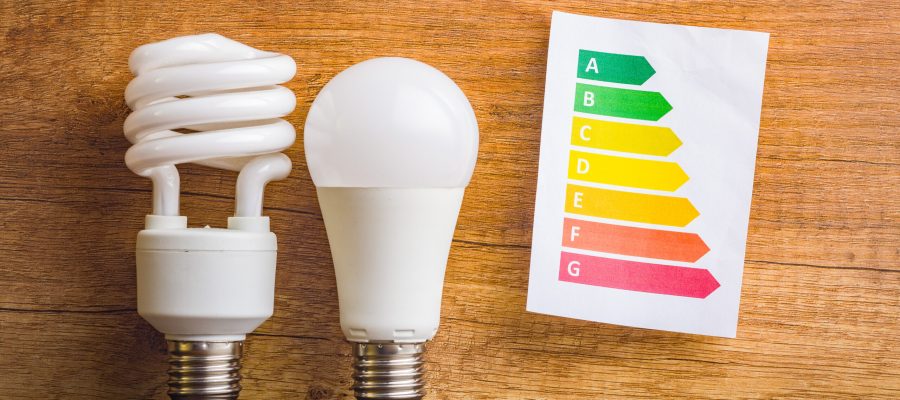 Energy saving light bulb and energy label. Fluorescent and led Lightbulb on a wooden table.